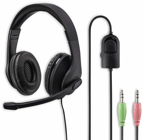 Hama HS-P200 PC Office Stereo Headset (with Volume Control and Adjustable Microphone Arm for Video Conferencing, Home Office, Call Centre, 2 x Jack Plugs 3.5 mm), Black