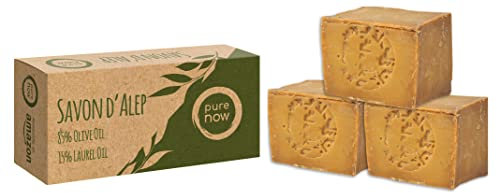 Pure Now Aleppo Seife 3 x ca 200g, 85% Olivenöl 15% Lorbeeröl, PH Neutral, Detox Handmade nach Rezeptur wie vor 1000 Jahren