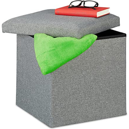 Relaxdays Sitzhocker mit Stauraum, faltbar, weich gepolstert, eckig, Stoff, Sitzwürfel, HBT: 37 x 37,5 x 37,5 cm, grau
