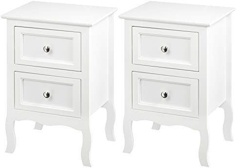 WOLTU 2er Set Nachttisch Nachtschrank Nachtkommode mit 2 Schubladen Barock Kommode Beistelltisch für Schlafzimmer Wohnzimmer aus MDF Weiß TS119ws
