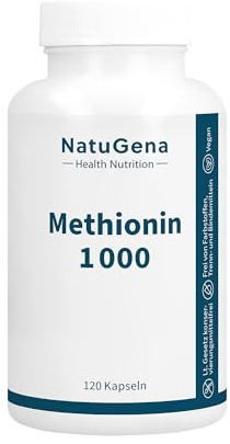 NatuGena Methionin 1000 mg L-Methionin pro Tagesdosis, 1000 mg L-Methionin pro Tagesdosis, rein pflanzliche Aminosäuren aus Fermentation, 120 Kapseln (60 Tage Packung)