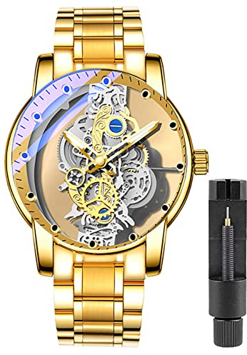 Gosasa Business Men Watch Double Sided Hollow Transparent Analog Display Stainless Steel Quartz Waterproof Creative Male Wrist Watch (Gold S)