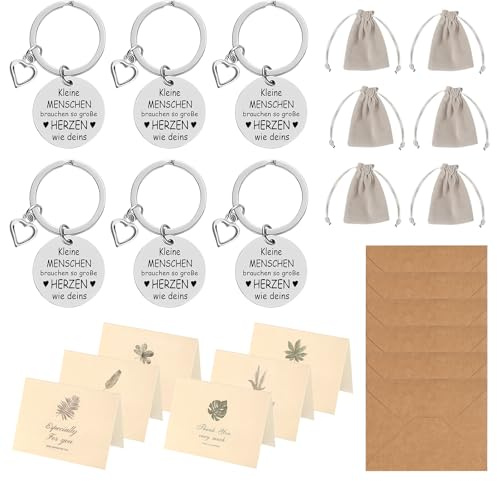 prota Kindergarten Abschiedsgeschenk, 6 Pcs Schlüsselanhänger Dankeschön Geschenke Erzieherin mit Herz mit Kordelbeutel und Grußkarte mit Umschlag für LehrerinnenAbschiedsgeschenk