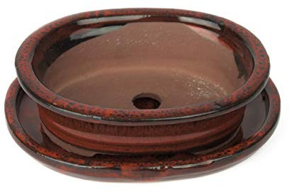Keramik Bonsaischale in verschiedenen Groessen - ROT - hochwertiger Blumentopf mit Unterteller/Schale - geflammt für drinnen und draussen, oval - Indoor/Outdoor (22 x 17 x 6 cm)