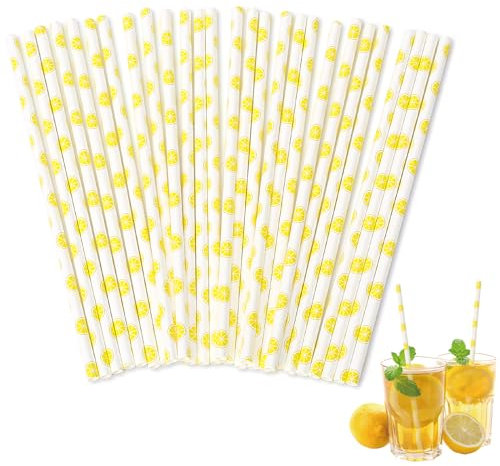 Mozeat Lens 100 Pcs Paper Straws, Disposable Lemon Party Striped Decorative Paper Straws, Sturdy Eco-friendly, 19.7 cm x 0.6 cm, Light Purple, 100 Count