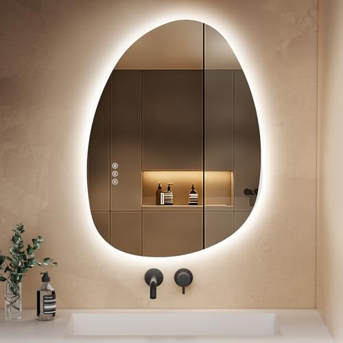 S'AFIELINA Miroir LED de Salle de Bain 75 x 55 cm, Design Asymétrique, Interrupteur Tactile, Miroir de Salle de Bain avec éclairage, 3 Couleurs de Lumière, Luminosité Réglables, Fonction Anti-Buée