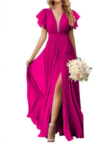 SAYNO Vestidos de dama de honor para mujer para boda con mangas de volantes, vestidos de fiesta formales de tren de barrido, color fucsia UK20