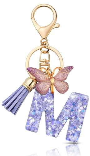 MORSUNBELA Porte-clés avec lettre initiale papillon porte-clés pour adolescentes et filles, Violet M, S