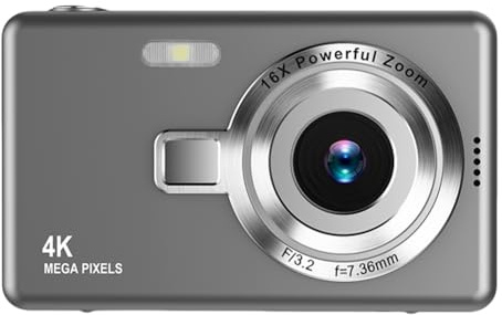 4K HD 1080P Digitalkamera mit Autofokus für Vlogging, 16X Zoom, 2,4-Zoll-IPS-Bildschirm Camcorder, Kompaktkamera für Erwachsene und Kinder (Grau)