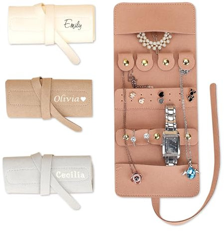 Rouleau à bijoux personnalisé pour femme, boîte à bijoux avec nom personnalisé, boîte à bijoux de voyage en cuir PU, sac de rangement de voyage de taille mini pour colliers, boucles d'oreilles, bagues