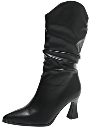 liaddkv Botas sin cordones para mujer, con tacón, botas de piel, punta puntiaguda, botines de media caña botas, elegantes botas de invierno, antideslizantes, de piel, Negro , 39 EU
