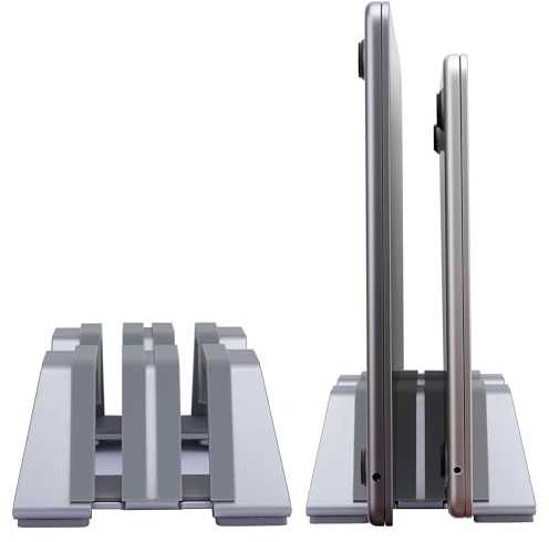 Psitek Soporte Vertical Portátil Doble Ajustable - Aluminio, Soporte para 2 Dispositivos, Adecuado para Todos los Laptop (Ancho Ajustable 10-30 mm) - Diseño de Moda Patentado, Antideslizante