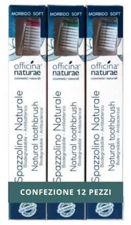 Officina Naturae | 12 cepillos ecológicos sostenibles con cuerpo biodegradable, cerdas suaves, cepillos surtidos verde, ámbar, azul y fucsia