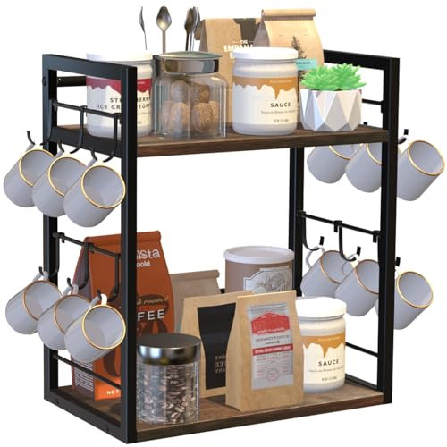 Dorhors 2 Tier Coffee Bar Accessories and Organizer,Multi-functional Mug Holder with 12 Hooks,Wood Coffee Station Organizer,Kitchen Countertop Shelf (Rustic Brown)