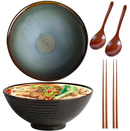 Sightday 1200ml Ramen Bowl Set of 2,Ramen Bowls,Noodle Bowl(Ramen Bowl with Ramen Spoons,Chopsticks),Ceramic Bowl for Pasta Bowl,Snack,Soup,Salad Bowl,Cereal Food,Large Bowl(Vintage Green)