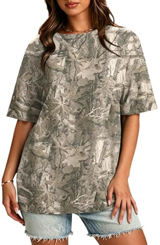 Anoumcy Oversized Camo T Shirt for Women Mens Maple Leaf Print Camouflage T-Shirt Summer Short Sleeve Camo Shirt Tops Khaki Brown L