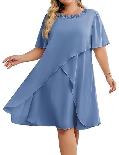 Hanna Nikole Damen Kleider Hochzeitsgäste GroßE GrößE Chiffon Abendkleider Mit Pailletten Rundhalsausschnitt Elegant Cocktailkleid Festlich Midikleid FüR Die Brautmutter