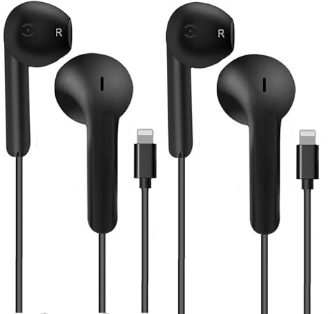 Lot de 2 écouteurs intra-auriculaires pour iPhone avec câble, certifiés Apple MFi, compatibles avec iPhone 14/13/12/11/8/7/X/Pro/Pro Max iPad (noir)