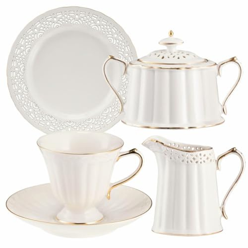 VILLA ITALIA Clara Or Ivoire Service À Café en Porcelaine Crème Pour 6 Personnes – Avec Détails Dorés, Assiettes À Dessert de 19 cm, Sucrier, Crémier, Assiette À Gâteau et Soucoupes