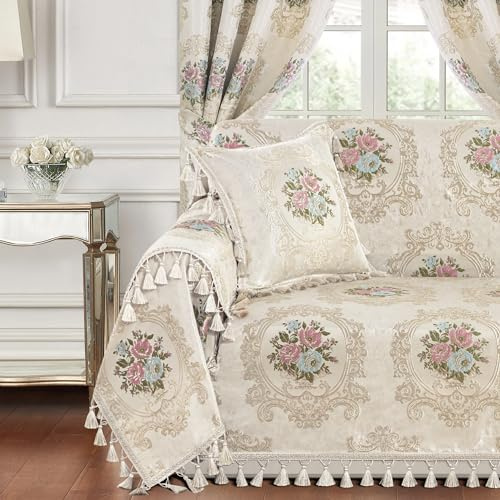 TOPLUXE Sofabezug 2 3 Sitzer, Couchbezug Jacquard Blumen 180x300cm | Luxus Sofaüberwurf Sofaschutz Couchschutz mit Quasten für Haustiere Wohnzimmer