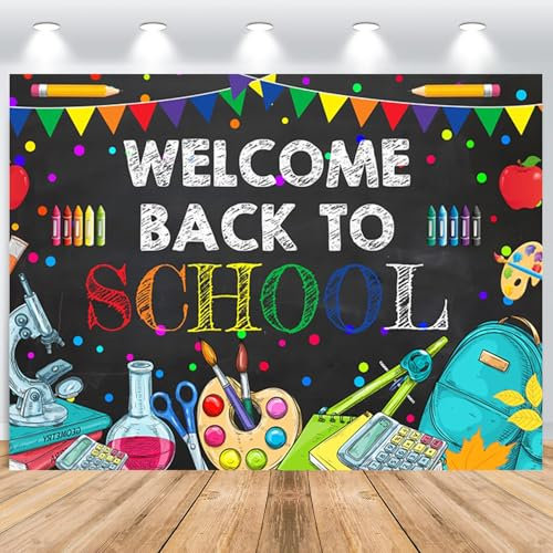 ASDCXZ Sfondo Fotografico Bentornati a Scuola 3x2.5m, Colorato Strumento Didattico Mela Primo Giorno di Scuola Tema Sfondo Fotografia per Bambini Studente Aula Festa Decorazioni Materiali Banner
