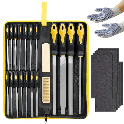 19tlg Feilenset Metallfeilen Set Profi Kohlenstoffstahl Feilensatz inkl Flachstumpfeile, Halbrundfeile, Rundfeile, Dreikantfeile, mit 12 Nadelfeilen, 10 Schleifpapier, Aufbewahrungstasche, Handschuhe