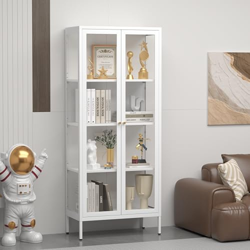 TIMELESS PIECES Vitrine mit Glastüren, 168x70x35cm Glasvitrine Stehend mit 3 höhenverstellbaren Fachböden, Vitrinenschrank Sammlervitrine Glasschrank für Wohnzimmer Schlafzimmer Wein Büro, Weiß