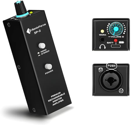 SonixForce Rechargeable Headphone Amplifier, Wired in-Ear Monitor Amplifier with XLR/TRS Inputs & 3.5mm Output, 7-Color LED Light, Portable IEM Amp for Living and Recording - Black