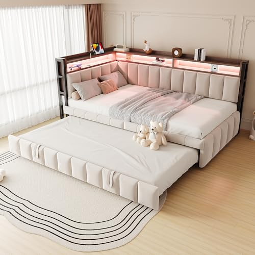 ANIROY Polsterbett Schlafsofa 90x200cm mit Ausziehbett & LED & USB- und Typ-C-Anschlüssen & Ablagefächern, Samtstoff Einzelbett Stauraumbett Bettgestell mit Lattenrost, ohne Matratze, Beige