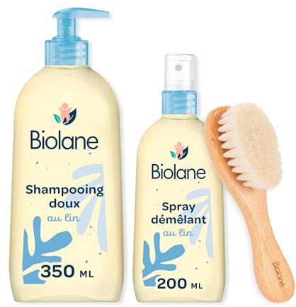 BIOLANE - Coffret cheveux démêlés - Routine bébé - Facilite le coiffage | Shampooing doux et Spray démêlant au lin, Brosse à poils doux, Elimine les nœuds, Démêle en douceur, Fabriqué en France