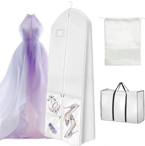 Yeria Sacco per abiti da sposa, lunghezza 180 cm, bianco, con chiusura lampo, in tessuto non tessuto, con borsa per il trasporto e borsa per scarpe, colore: bianco per abiti da sera