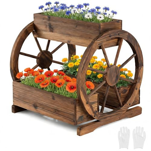 RELAX4LIFE Blumenkasten Holz, Pflanzkübel mit 3 Fächern, Ablauflöchern & Wagenrad, rustikaler Pflanzkästen, Hochbeet für Blumen, Gartendeko Vintage für Garten Balkon Terrasse, Braun, 61,5 x 55 x 62cm
