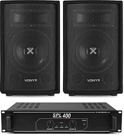 VONYX SL8 Passive PA System Kit - Two 8-Inch 400W Speakers with SPL-400 Power Amplifier, DJ Equipment Package for Live Sound Events, Parties and Presentations