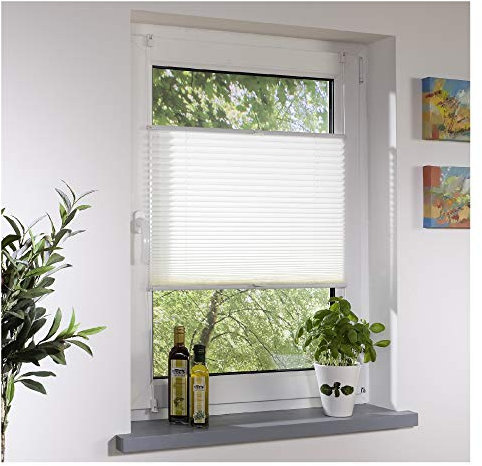 Liedeco® Plissee verspannt mit Klemmträger / 100 x 130 cm weiß (Breite x Höhe) / lichtdurchlässig Blickdicht und stufenlos verstellbar/leichte Innen-Montage ohne Bohren / 123 montiert