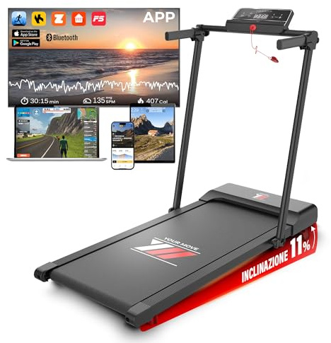 YM Tapis de Course Electrique Pliable, 10 km/h, Surface de Course Extra Large (42 cm), Application KINOMAP & ZWIFT, Mod. Next 1000 Noir, Cadre Renforcé, Economiseur d'Espace, 12 Programmes, Ecran LCD