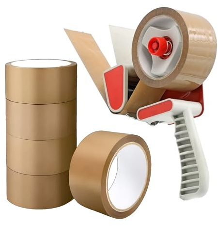 EPISENT Packaging Tape Gun Dispenser with 6 Brown Parcel Tape Rolls, Heavy Duty Packing Tape Dispenser for Boxes, 48 mm x 66 m