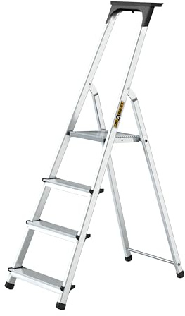 Drabest – Hushållsstege – 4 steg – Arbetshöjd 2,75 m – Hopfällbar Atege i Aluminium, max. 125 kg, med Praktisk Avställningsyta – Aluminiumstege med Plattform 25x26cm, Halkfria Fötter