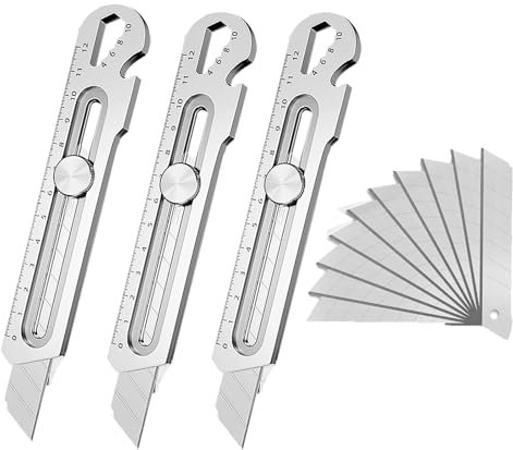 6 In 1 Mehrzweck Gebrauchsmesser,3pcs Cuttermesser Profi, Multipurpose Utility Knife mit 10 Ersatzklingen 18mm Extra Scharf, Edelstahl Universalmesser Teppichmesser (Silbrig3)