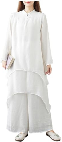 DAYKET Damen Tai Chi Uniform Traditionelle chinesische Kampfsportbekleidung Langarm Morgenübungen Kung Fu Kleidung Top + Hose Set,White-XXL