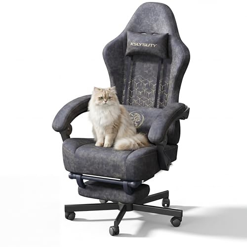 Kslysuty Gaming Chair Breathable Leather with Pocket Spring Cushion, Wide and High Ergonomic Office Chair with Headrest, Computer Gaming Chair with Footrest for Adult and Teen (Grey Leather)