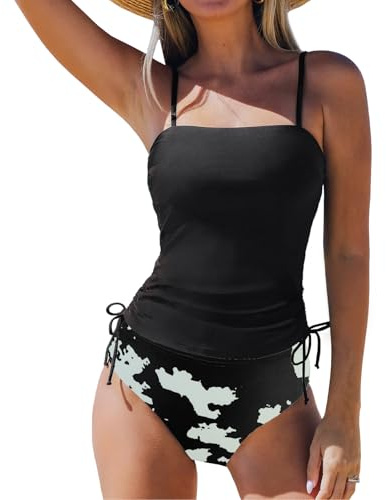 SYKT Traje de Baño Mujer Conjunto de Tankini de Dos Piezas con Control de Abdomen, Estampado, Cordón Lateral, Espalda Descubierta y Tirantes Ajustables