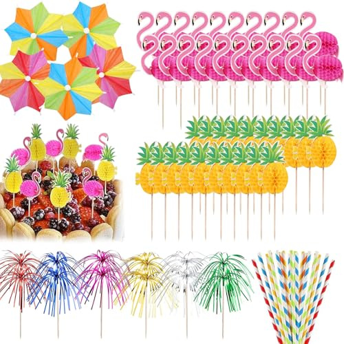 Vernerth 100-Piece Tropical Cocktail Accessories Set with Flamingo & Pineapple Sticks, Umbrellas, Straws & Toppers for Summer Parties