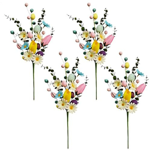 Generico Decorazioni Pasquali, 4 Pezzi Rami Per Albero Di Pasqua, Rami Pasquali Con Uova Di Pasqua E Fiori Artificiali, Centrotavola Decorazioni Primavera Per Casa