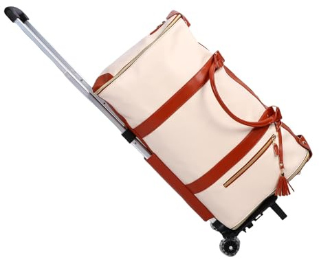 Sac de Voyage 40 L avec Chariot Amovible, Tissu Enduit de Protection, poignée en Cuir Souple, Sac de Rangement Pliable pour vêtements avec roulettes silencieuses, Poche Avant (Beige)