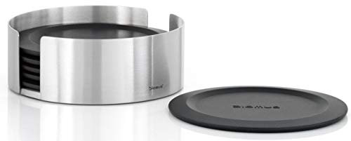 blomus -LARETO- Set 6 Untersetzer aus Silikon, Behälter aus Edelstahl, extrem rutschfest, verhindert Kratzer, , (HBT: 4 x 11,2 x 11,2 cm, schwarz, 63476)