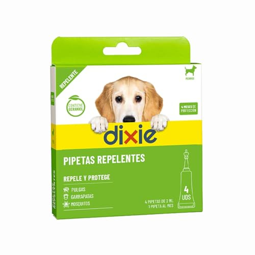 Dixie - Pipetas Repelentes Perros - 4 uds x 2 ml - Pipetas Repelentes - 4 Meses de Protección - Piojos, Mosquitos, Pulgas y Garrapatas - sin Insecticidas - Fácil de Usar - Todos los Tamaños de Perros