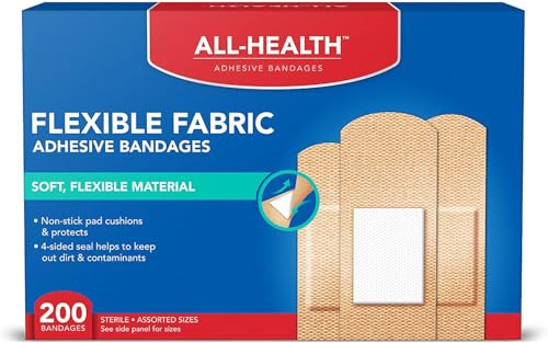 All Health Adhesive Fabric Bandages, 200 Count Assorted Sizes | Soft, Flexible Material | Protection for First Aid and Wound Care