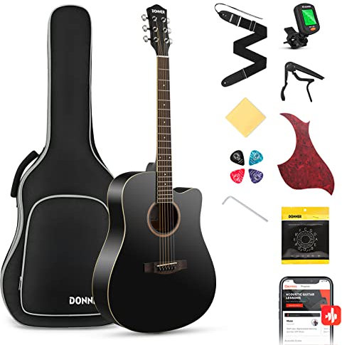 Donner Akustikgitarre Set in voller Größe Akustik Gitarre 4/4 Cutaway Anfänger Erwachsene 41 Zoll mit Gigbag Capo Plektren Gurt Saiten (Schwarz）