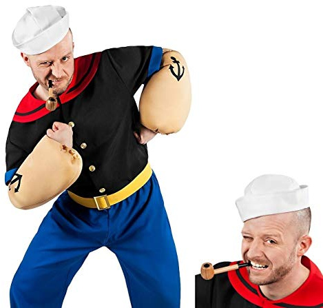 Maskworld Popeye Comic Seemann Kostüm + Pfeife komplett - 7-teilig mit Hemd, Hose, Muskel-Armen, Matrosenmütze und Pfeife (L)