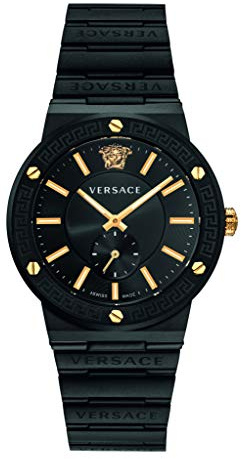 Versace Greca Logo Collection Luxuriöse Herren-Armbanduhr mit einem schwarz/goldenen Armband mit einem IP-Schwarz/IP-Gelbgold-Gehäuse und schwarzem Zifferblatt, Schwarz, OS, Versace Greca-Logo